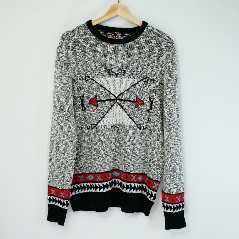 Koto Thick Cozy Graphic Crewneck Knit Pullover Sweater, Light Gray, Men M